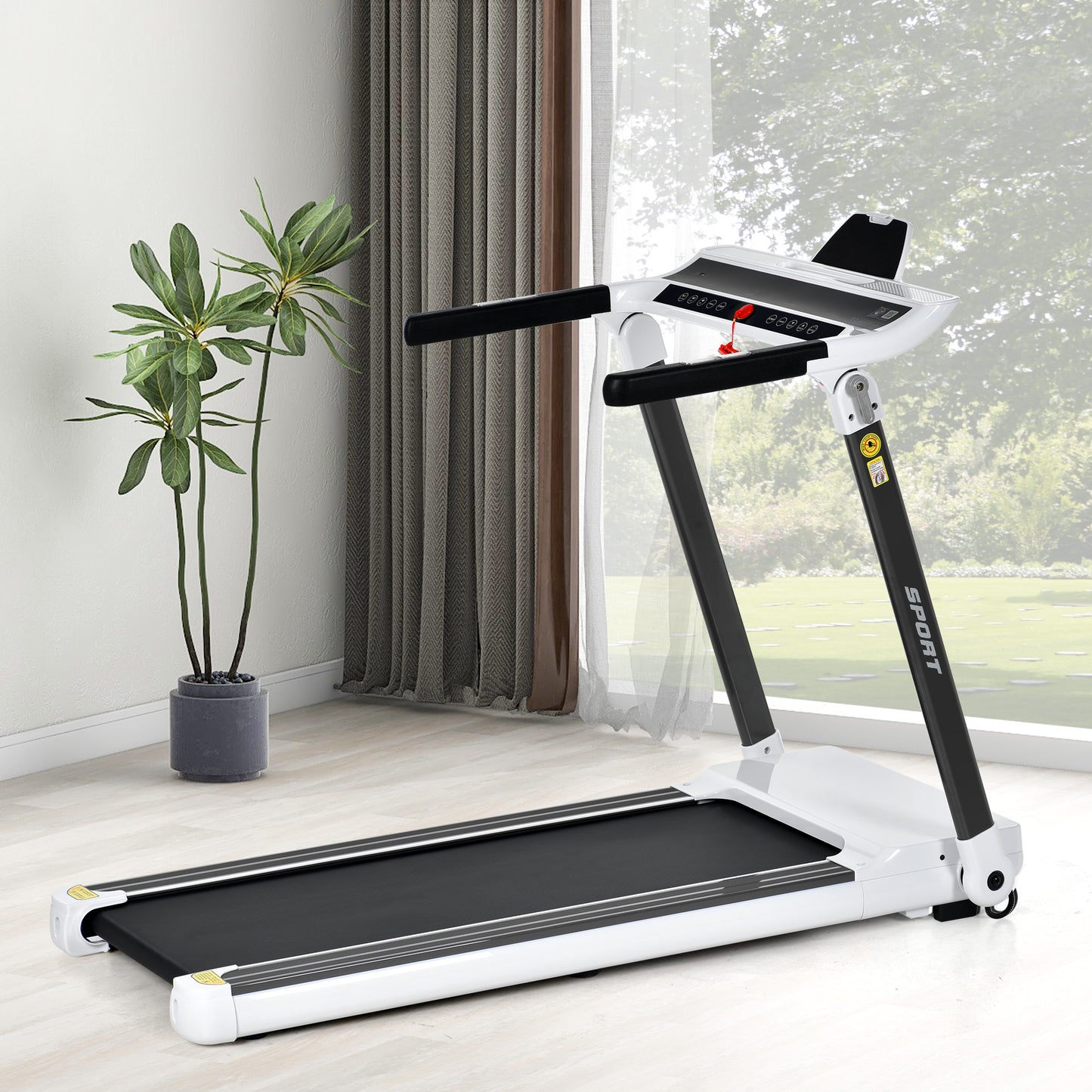 Folding Electric Treadmill and Wireless Audio Player Exercise Machine- White_1