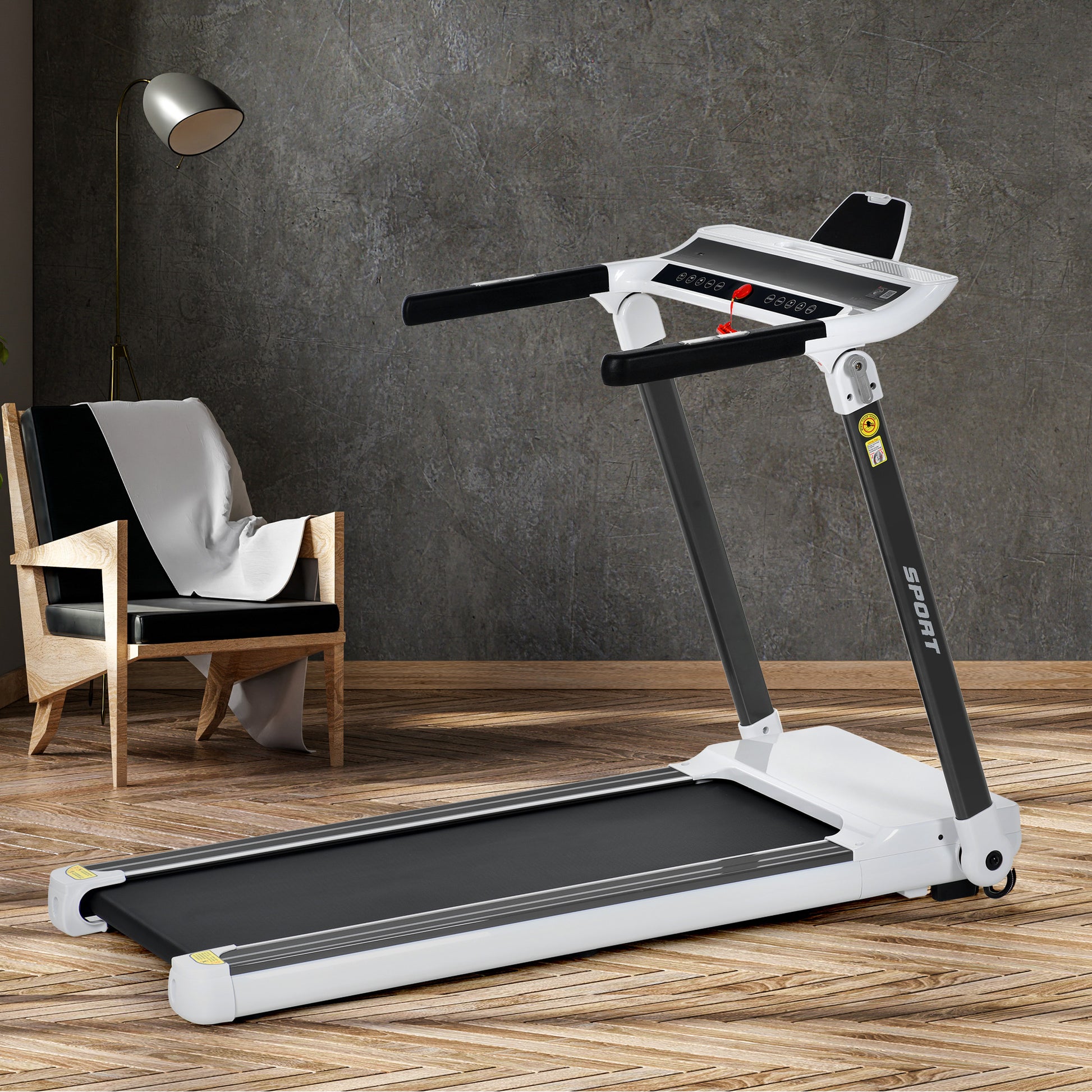 Folding Electric Treadmill and Wireless Audio Player Exercise Machine- White_0