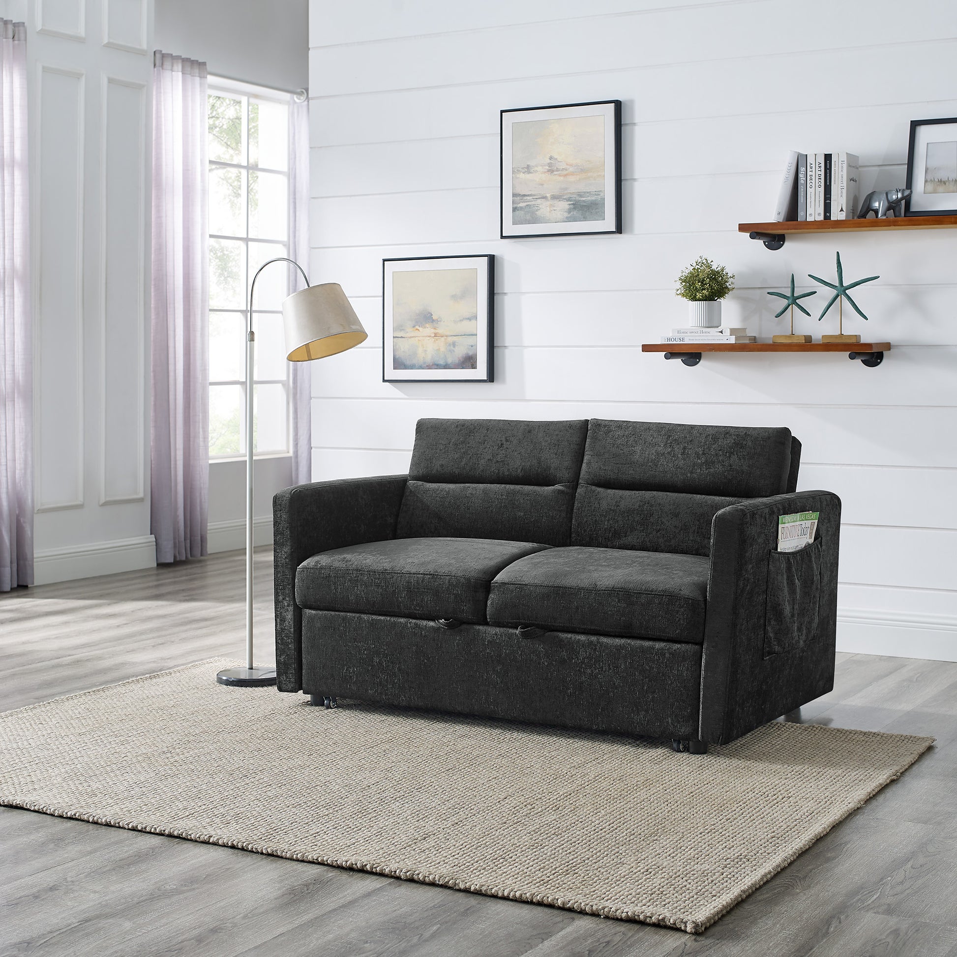 Upholstered Sleeper Sofa Bed with Adjustable Backrest and Foam Cushion- Black_2