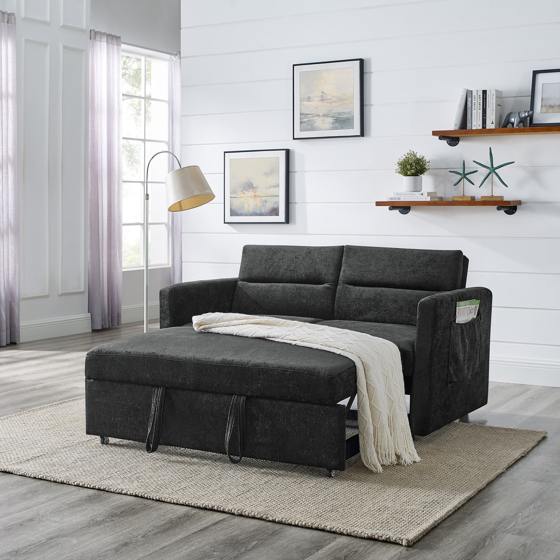 Upholstered Sleeper Sofa Bed with Adjustable Backrest and Foam Cushion- Black_0