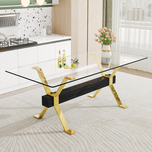 Modern Luxury Tempered Gold Chrome Plated Glass Table with Black Support Crossbar_0