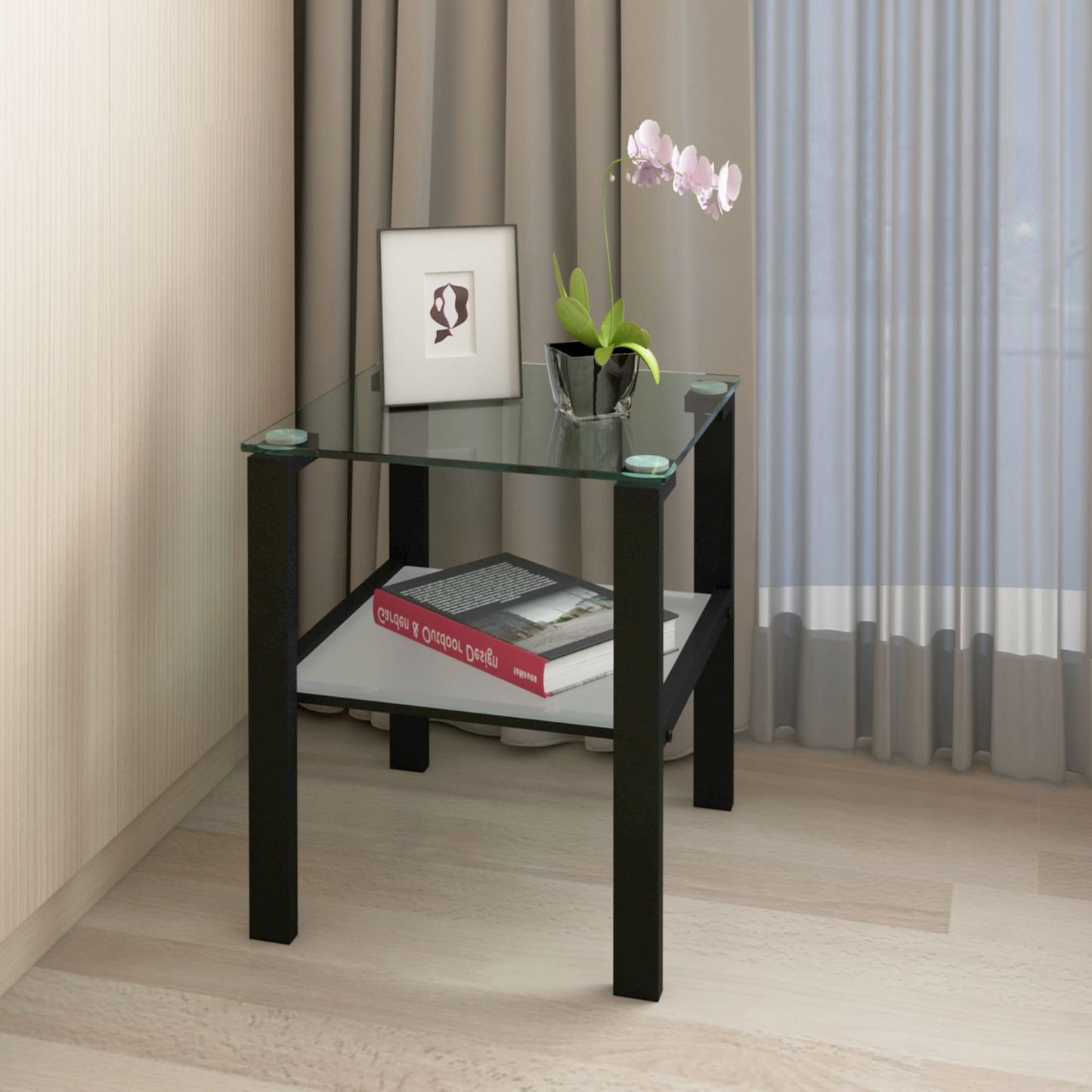 Two Layered Tempered Glass Small Bedroom Corner Home Tea Table- Black_0