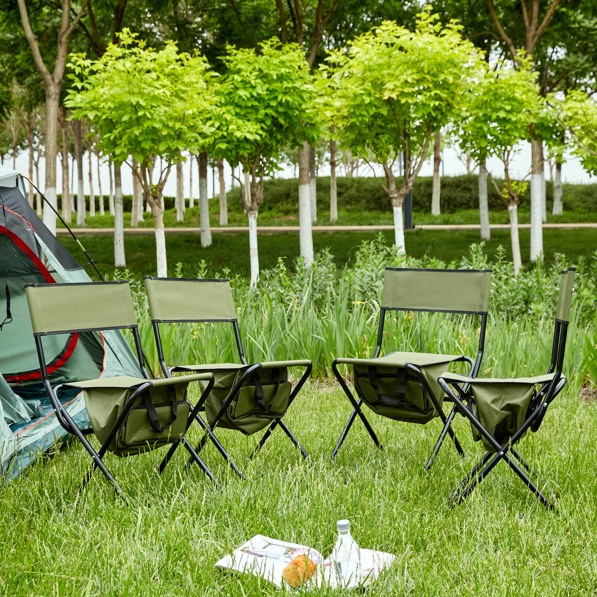 4 pcs Portable Outdoor Camping Fishing Picnic Chairs with Storage Bag- Green_0