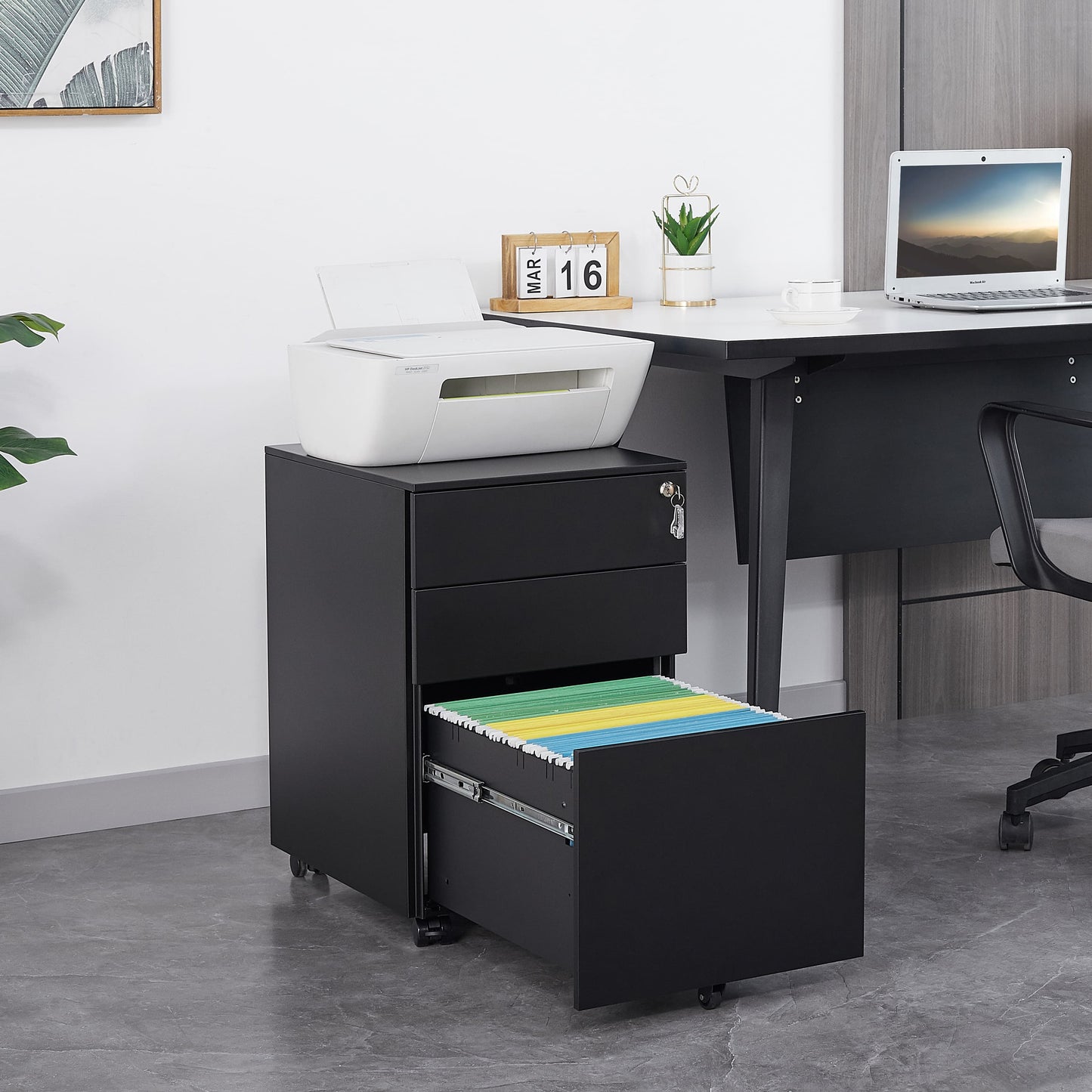 3 Drawers Under the Desk Office File Cabinet with Rolling Wheels and Lock- Black_0