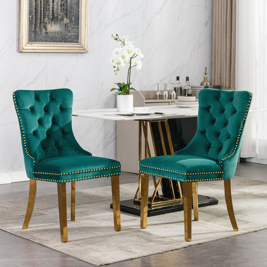 2 pcs High-End Tufted Contemporary Velvet Chair with Stainless Golden Legs- Green_0