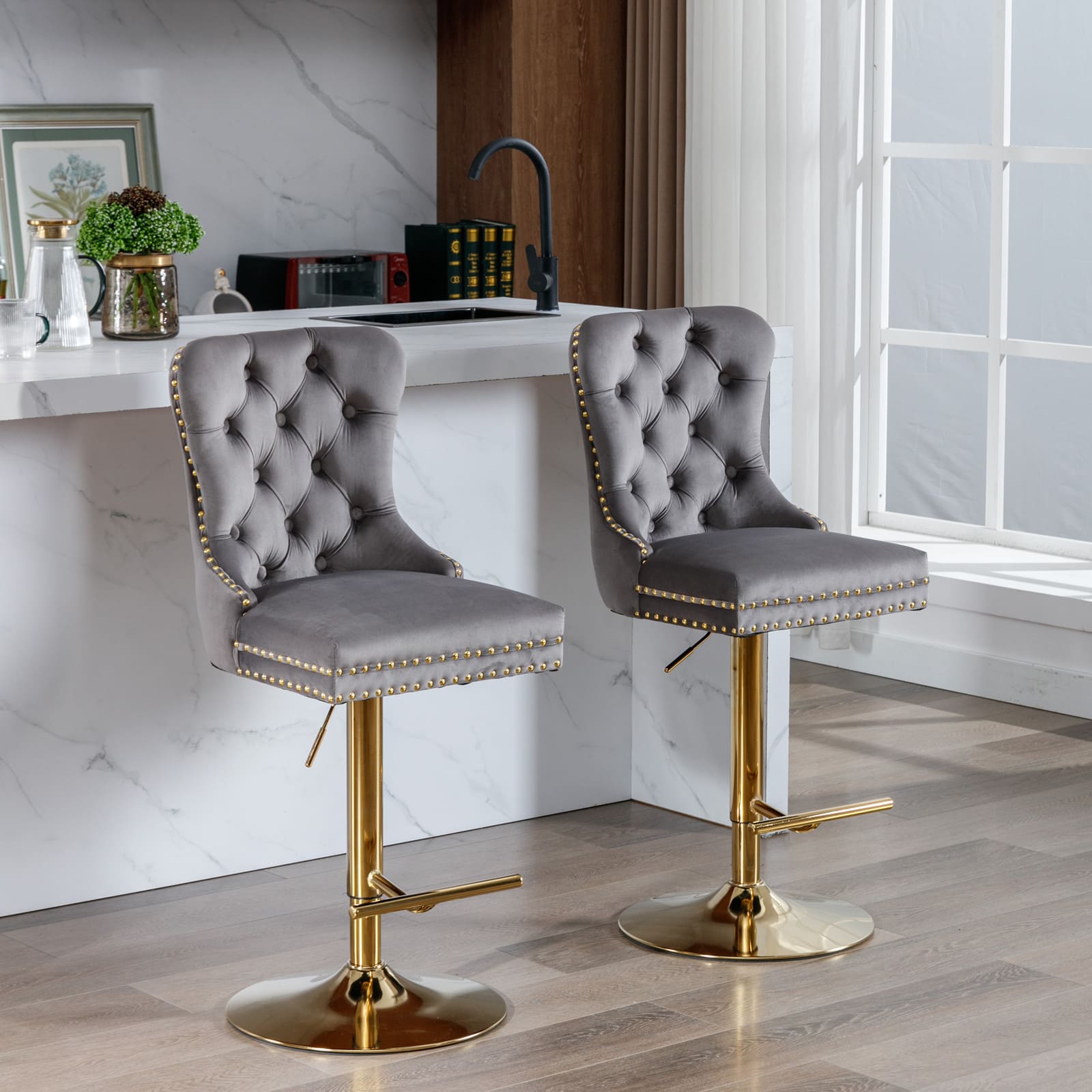 Set of 2 Height Adjustable Upholstered Tufted Velvet Armless Bar Stools with Gold Details- Gray_1