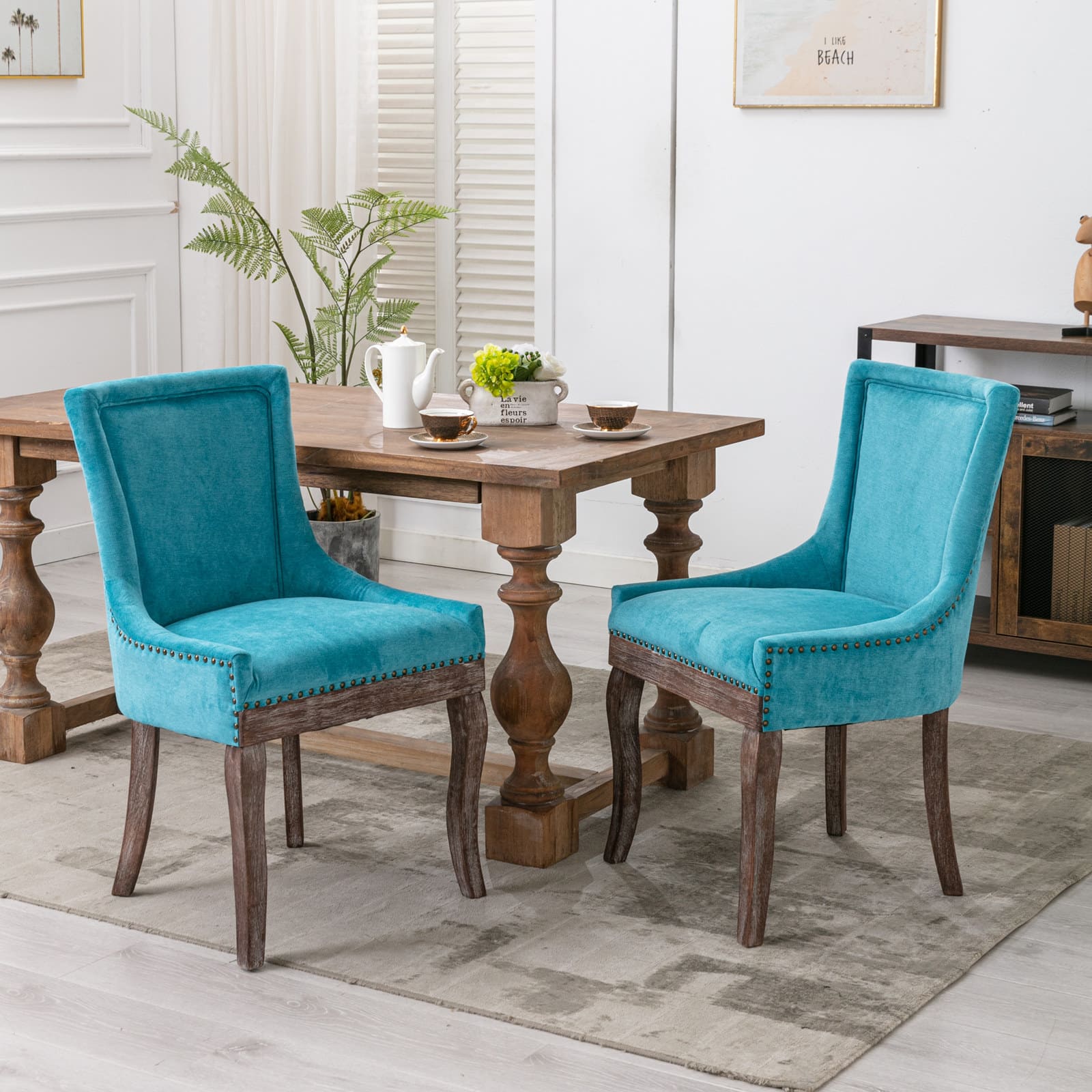 Mid-Century Modern Dining Accent Chair Set of 2 with Nailhead Trim- Blue_0