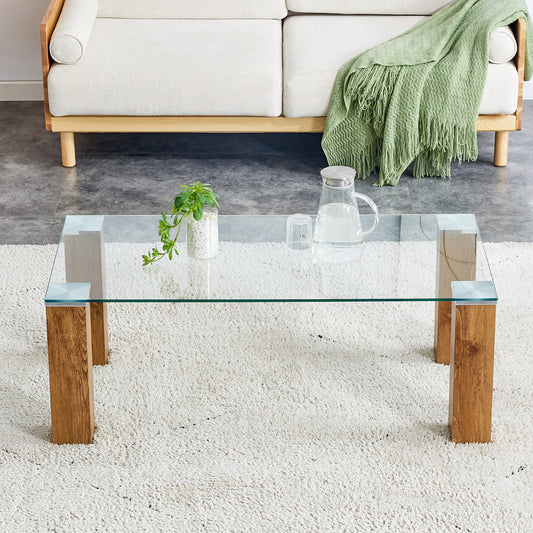 Modern Designed Glass-Top Transparent Rectangular Coffee Table with MDF Legs_0