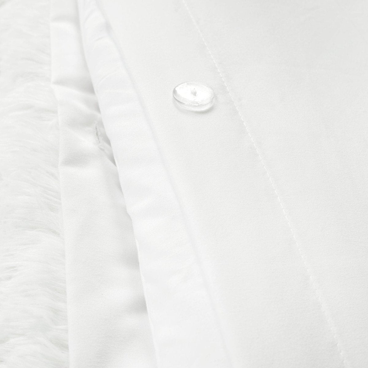 LushDecor. 3-piece set with plush texture and elegant style. Machine washable. Create a five-star bedroom retreat. Closeup of white faux fur duvet with button enclosure