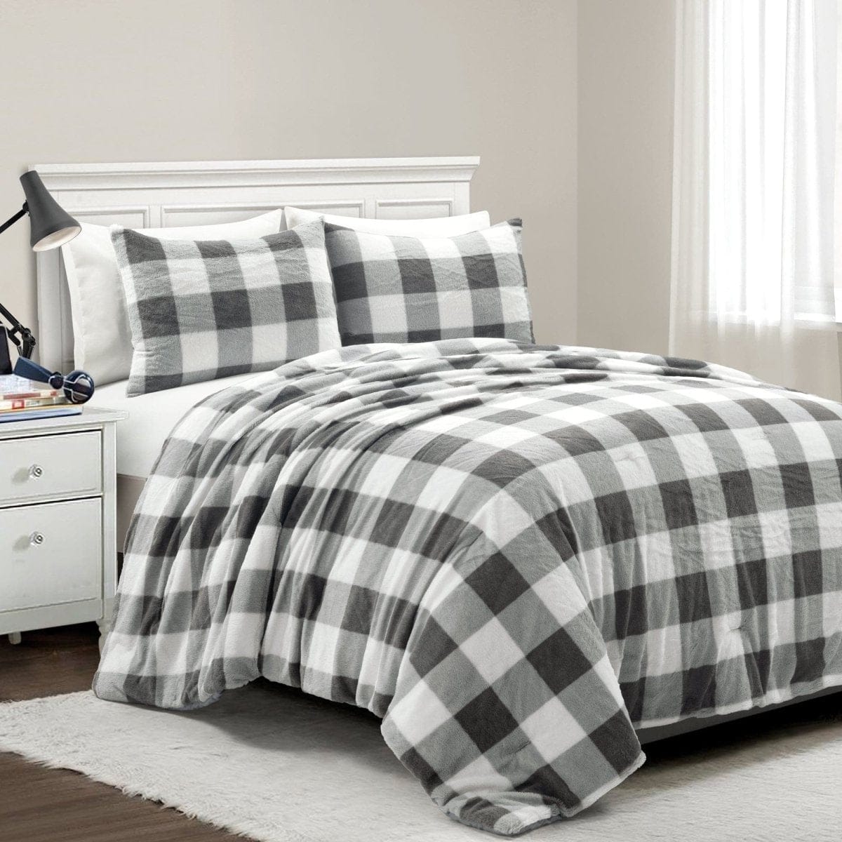 Luxurious plaid faux fur comforter set by LushDecor. Ultra-soft, all-season bedding with timeless style. Machine washable. Transform your bedroom into a cozy retreat.