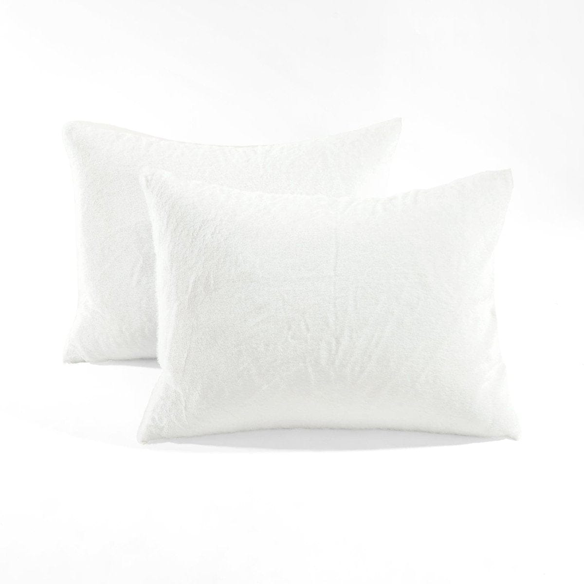 Two white pillows on a white background - plush faux fur. Farmhouse Faux Fur Comforter Set - Ultra Soft Color Block Bedding | LushDecor