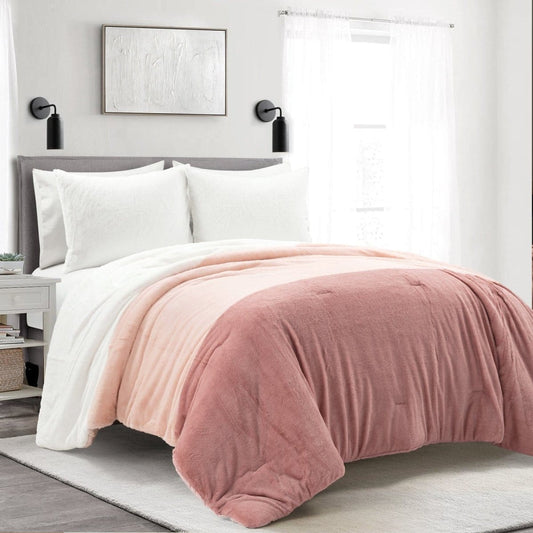 Farmhouse Faux Fur Comforter Set - Ultra Soft Color Block Bedding, shades of pink and blush.  | LushDecor