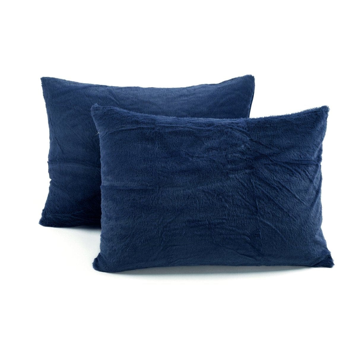 Two blue pillows on a white background. Farmhouse Faux Fur Comforter Set - Ultra Soft Color Block Bedding | LushDecor