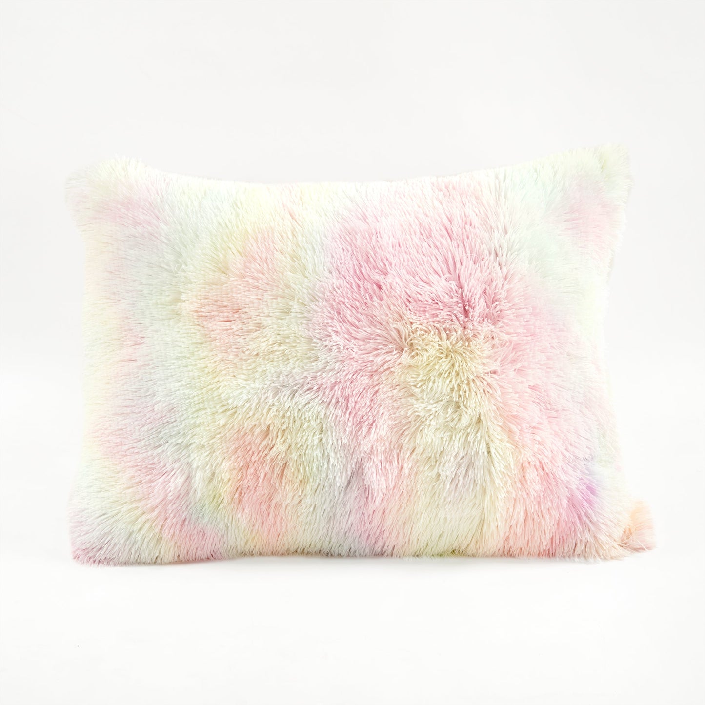 Pastel-colored fluffy pillow on a white background