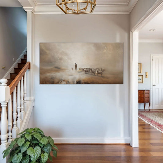 Framed artwork on a wall in a home interior with a staircase and plant.
