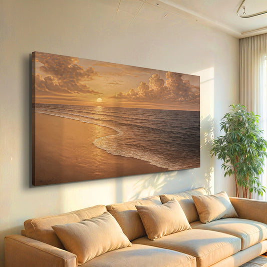 Beige sectional sofa in a living room with a large wall art of a sunset over water.
