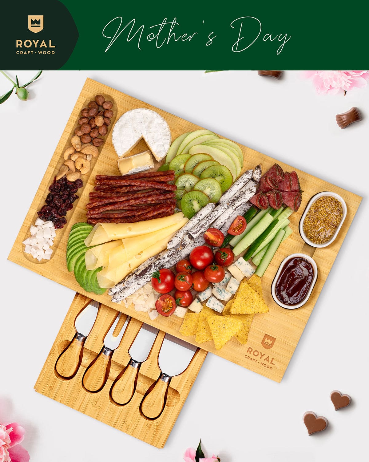 Complete cheese board set with knives, 16.5"x11". Perfect for entertaining with charcuterie, appetizers & wine. Premium bamboo construction. Shop now.