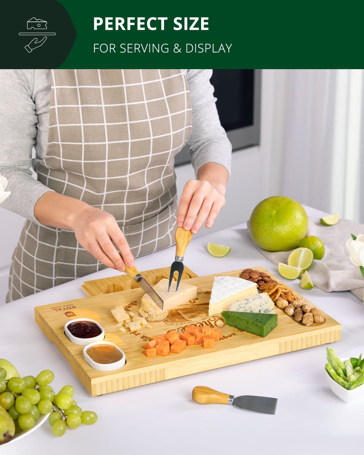 Complete cheese board set with knives, 16.5"x11". Perfect for entertaining with charcuterie, appetizers & wine. Premium bamboo construction. Shop now.