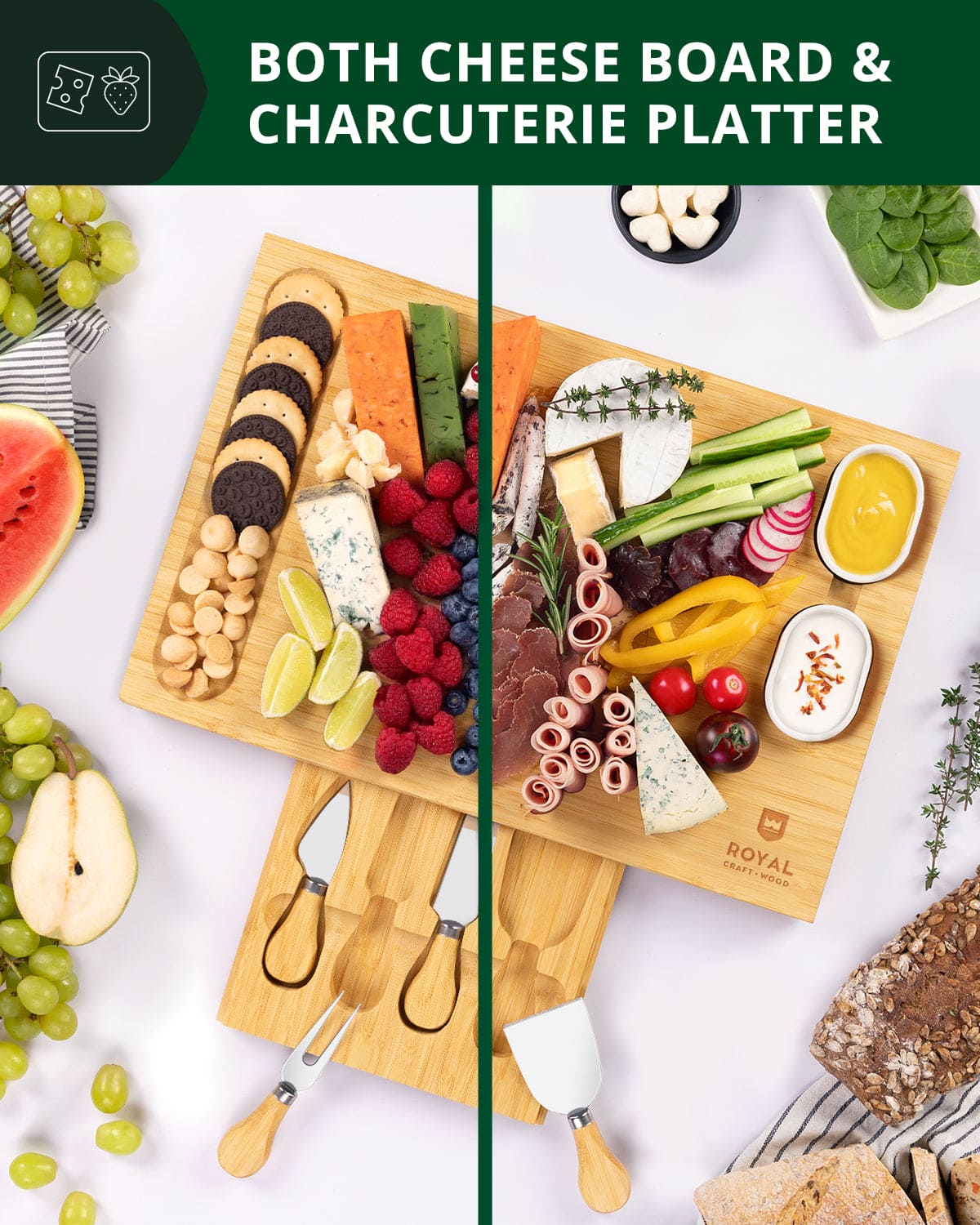 Complete cheese board set with knives, 16.5"x11". Perfect for entertaining with charcuterie, appetizers & wine. Premium bamboo construction. Shop now.