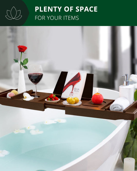 Bath tray with items over a bathtub, including a rose, wine glass, and book, with text 'Plenty of space for your items' at the top.