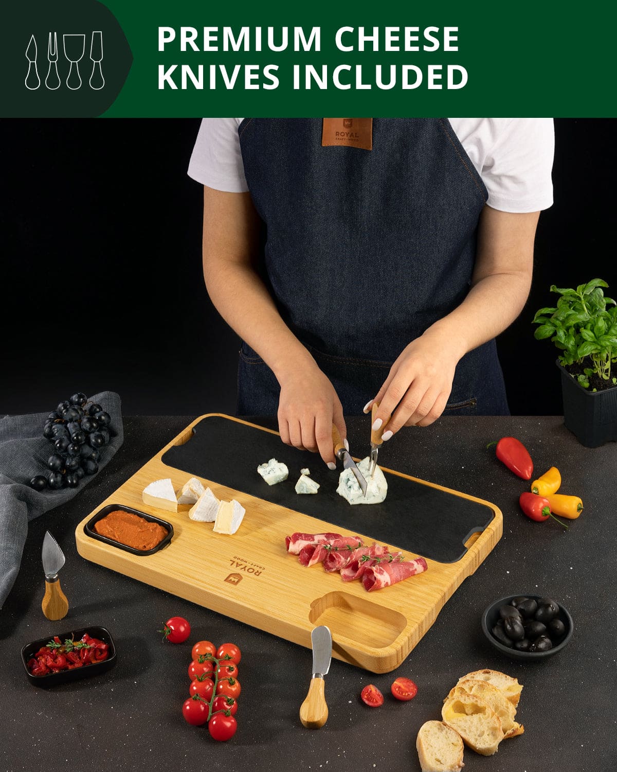 Elegant cheese board with slate plate and 4 piece cutlery set. Perfect for entertaining. Premium quality serving platter for charcuterie, appetizers & wine nights. Shop now.