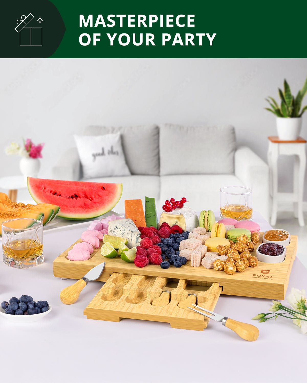 Complete cheese board set with knives, 16.5"x11". Perfect for entertaining with charcuterie, appetizers & wine. Premium bamboo construction. Shop now.