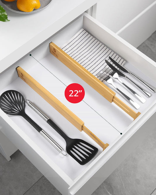 Kitchen drawer with organizer and measuring text indicating 22 inches.  Dividers bamboo