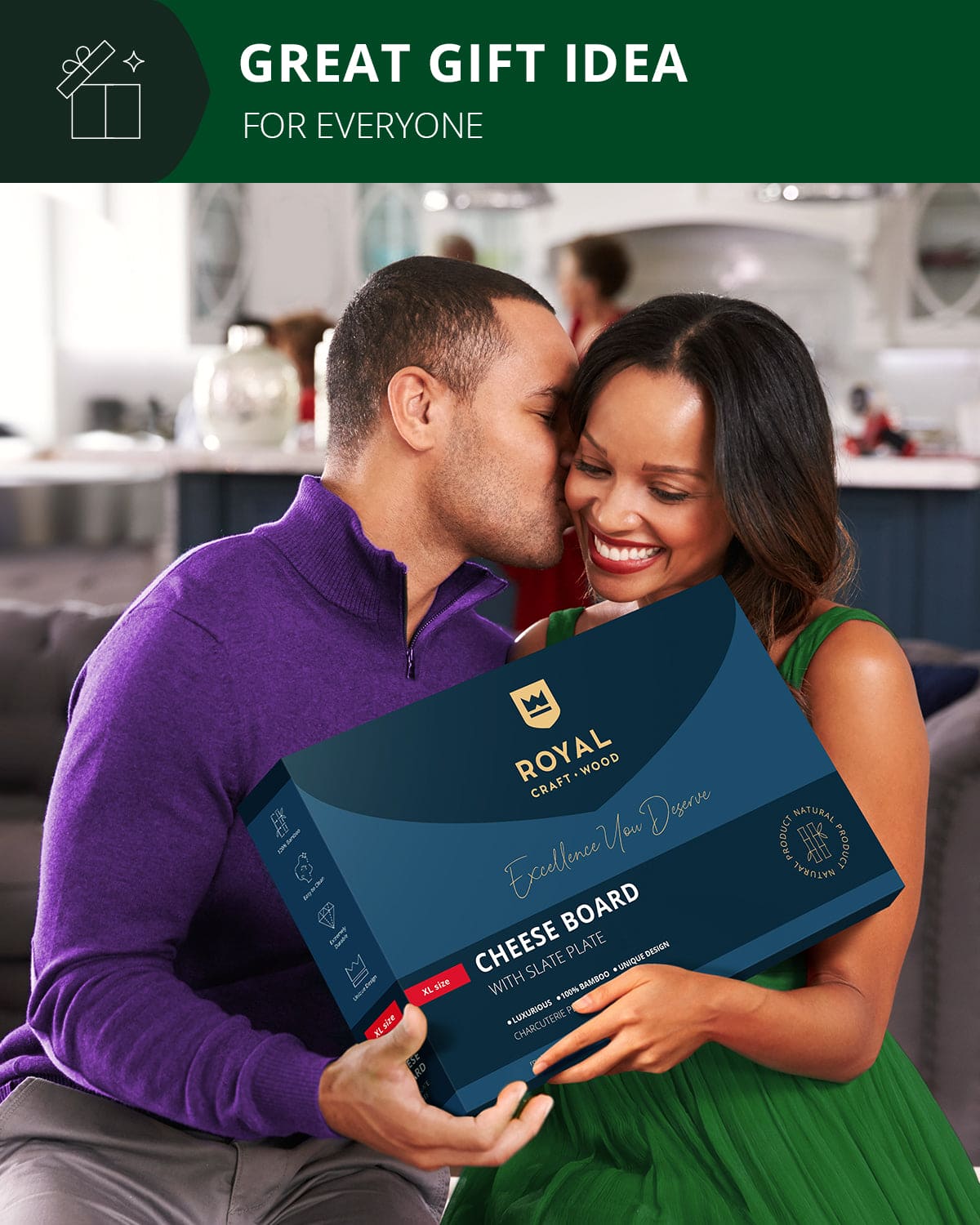 Man and woman holding a Royal Cheese Board. Elegant cheese board with slate plate and 4 piece cutlery set. Perfect for entertaining. Premium quality serving platter for charcuterie, appetizers & wine nights. Shop now.