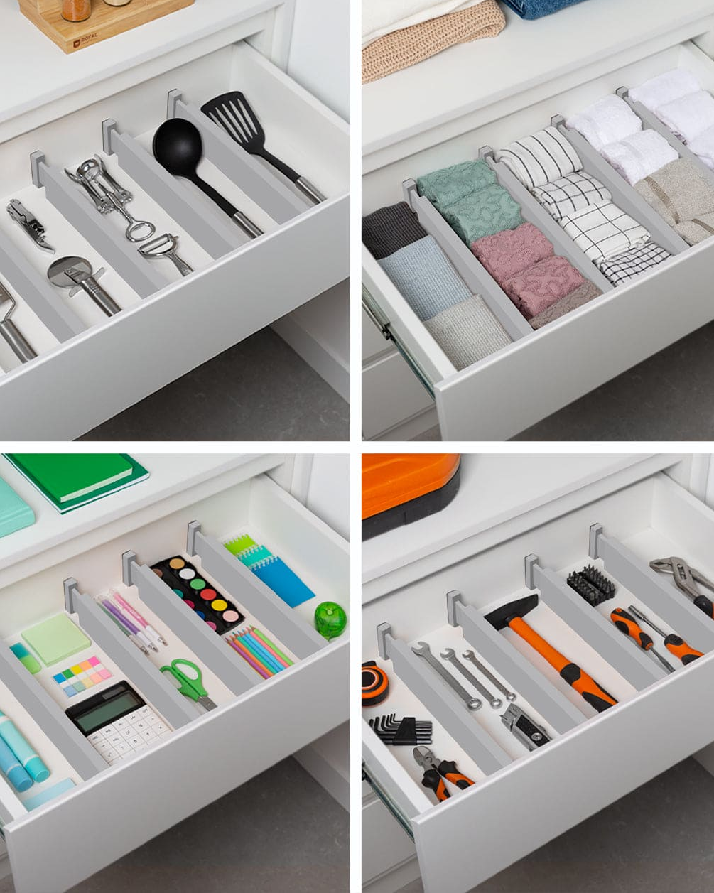 Storage dividers for utility drawer, clothing separators, kitchen drawer, etc