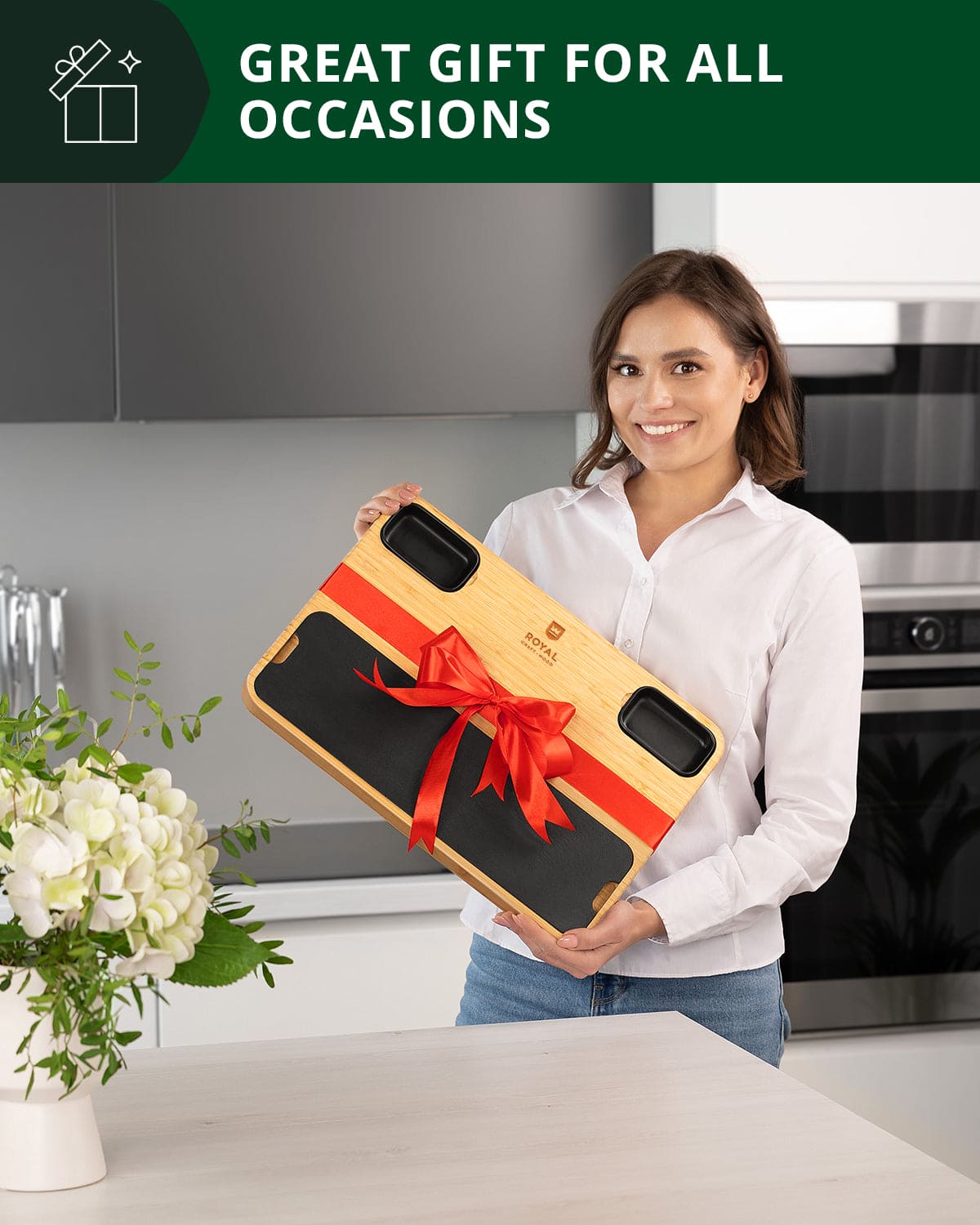 Elegant cheese board with slate plate and 4 piece cutlery set. Perfect for entertaining. Premium quality serving platter for charcuterie, appetizers & wine nights. Shop now.