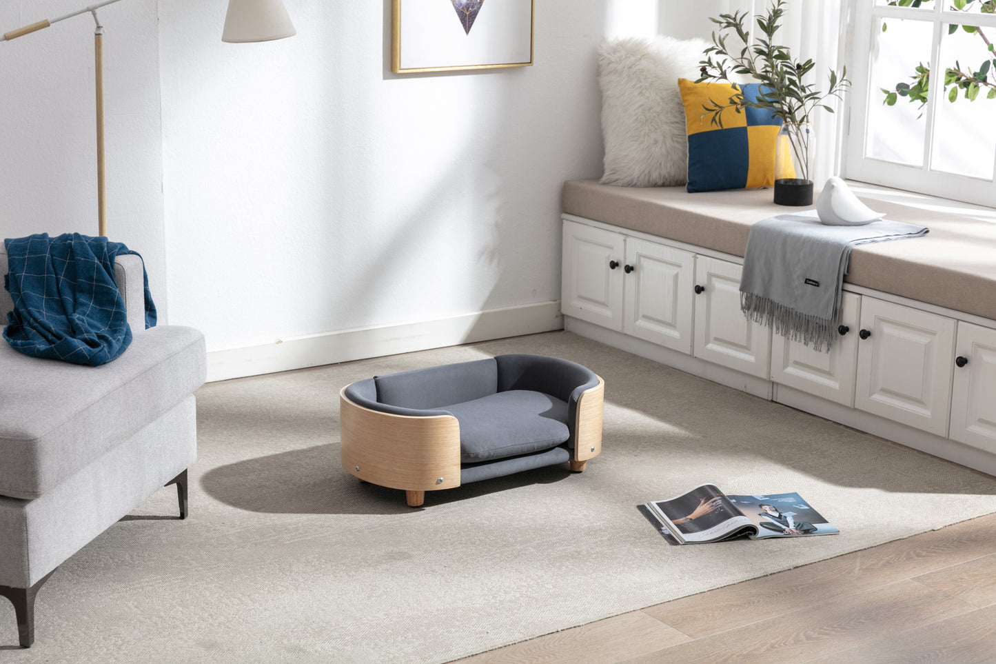 Scandinavian Style Elevated Pet Sofa Bed with Solid Wood Legs – Dark Grey