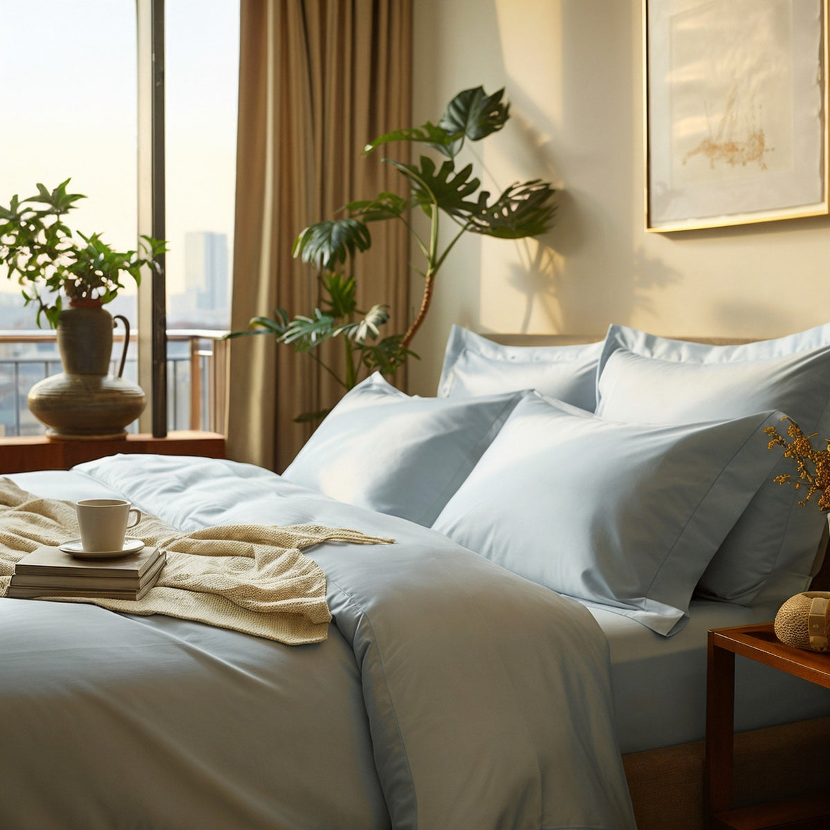 Neatly made bed with white bedding in a well-lit bedroom with plants and a cityscape view.