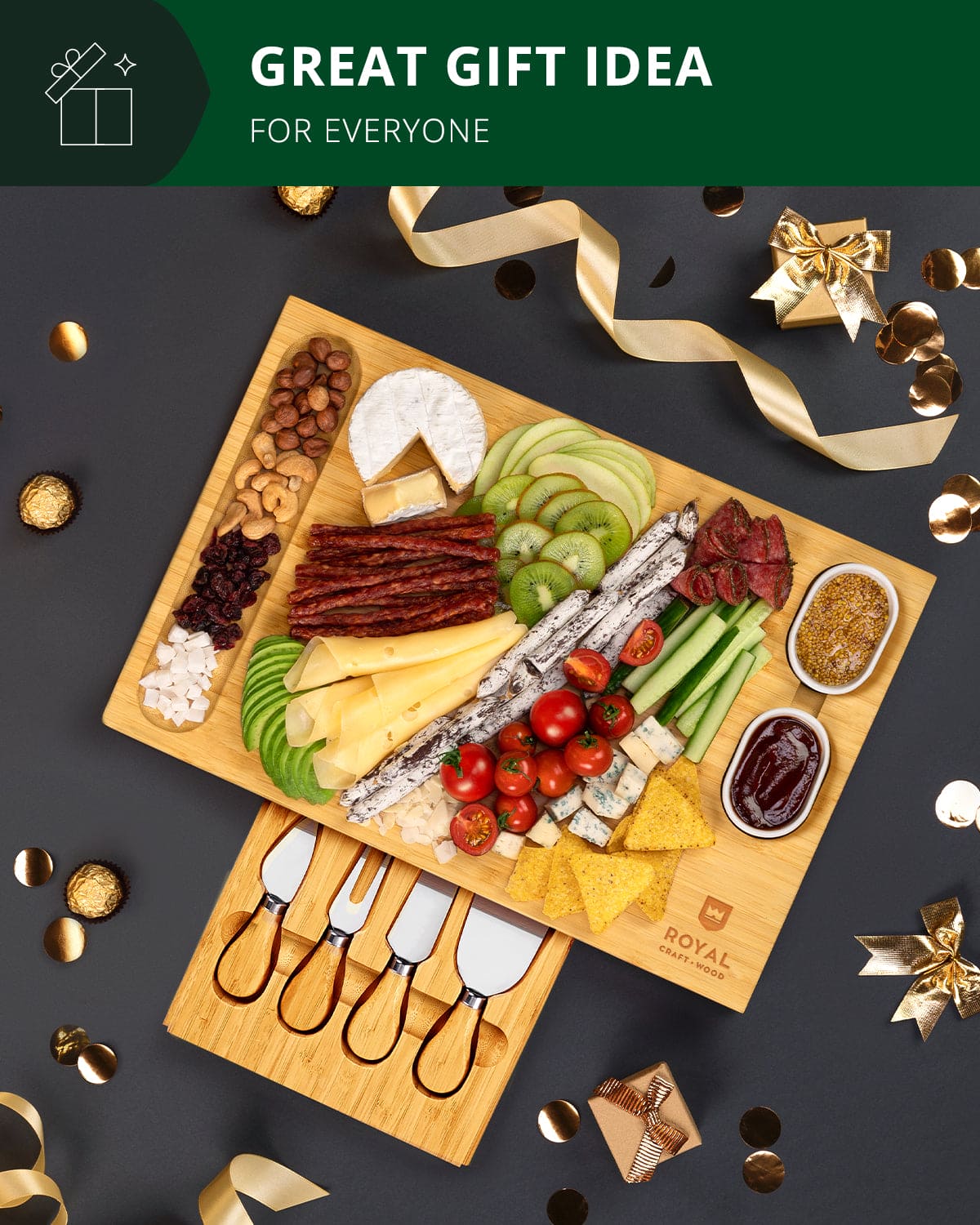 Complete cheese board set with knives, 16.5"x11". Perfect for entertaining with charcuterie, appetizers & wine. Premium bamboo construction. Shop now.