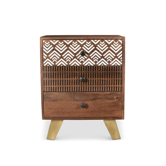 Wooden cabinet with geometric patterned doors. Acacia wood nightstand with drawers and bronze metal legs