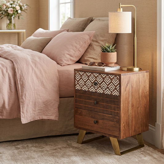 A mid-century modern wooden nightstand with brass legs and gold-tone hardware, styled next to a bed in a warm, neutral-toned bedroom.