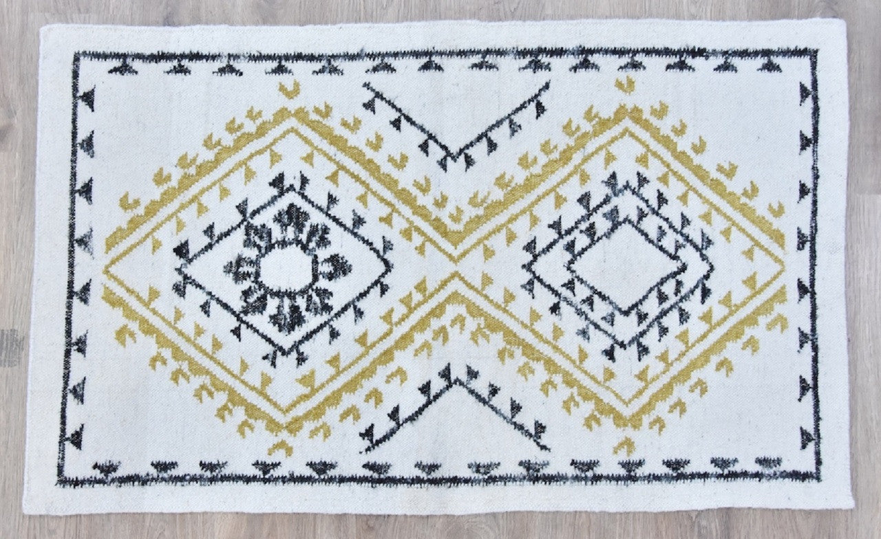 Decorative silk,  wool and viscose blend rug with geometric pattern on a wooden floor