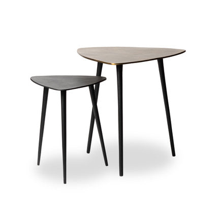 Two small tables with a light wood top and black legs on a white background
