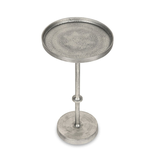 Silver side table with round top and pedestal base on a white background