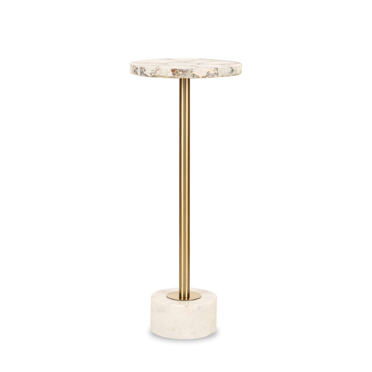 Small round marble table with brass pedestal on a white background
