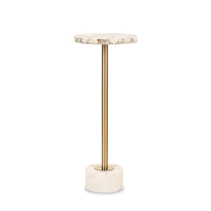 Small round agate table with a gold metal stand on a white background