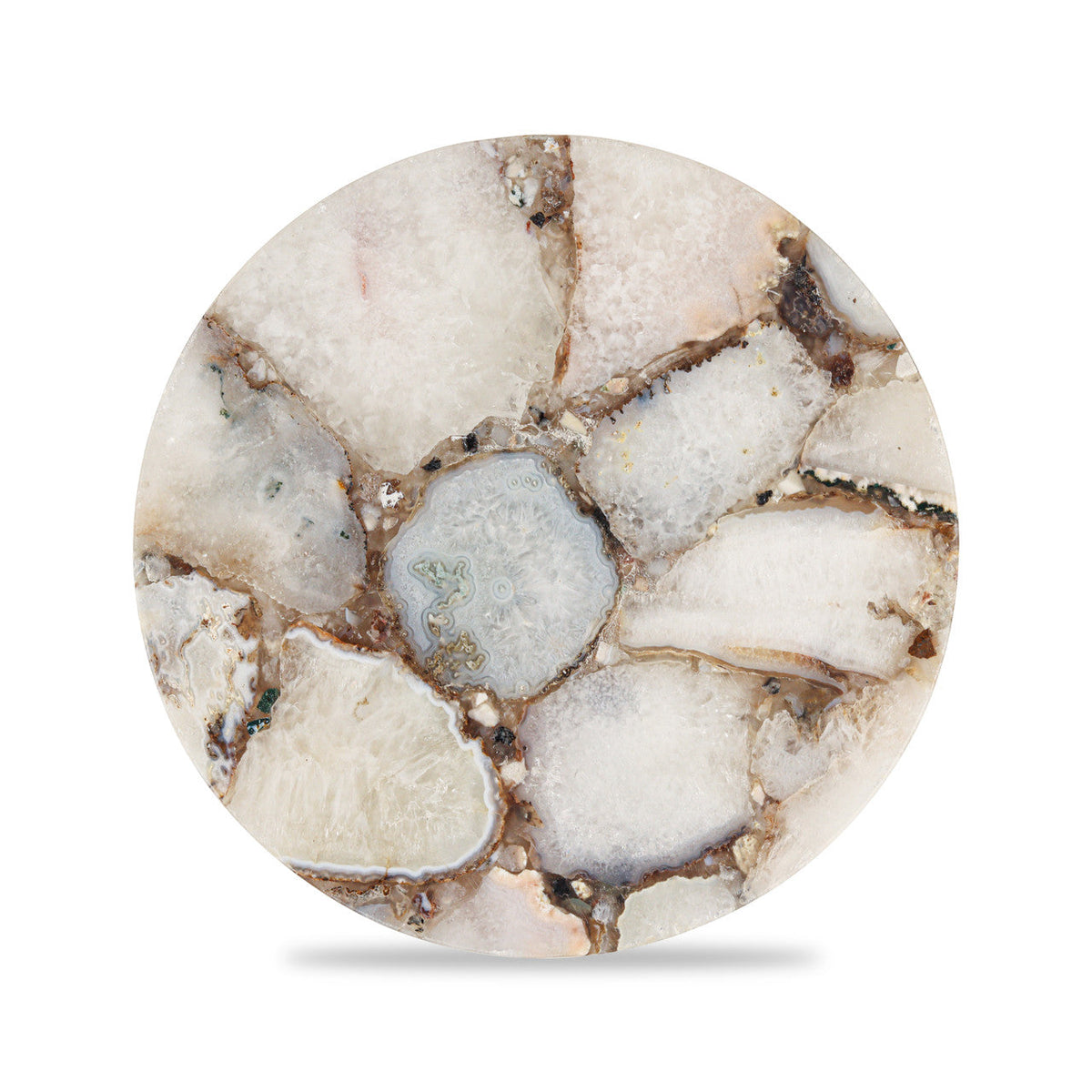 Round agate coaster with a natural pattern on a white background