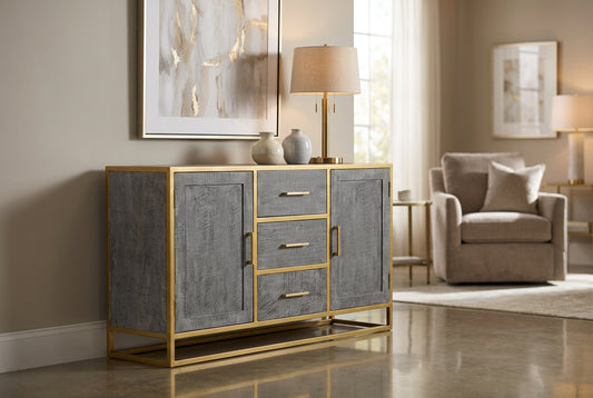 Gray sideboard with gold accents on a white background - wood - fully assembled
