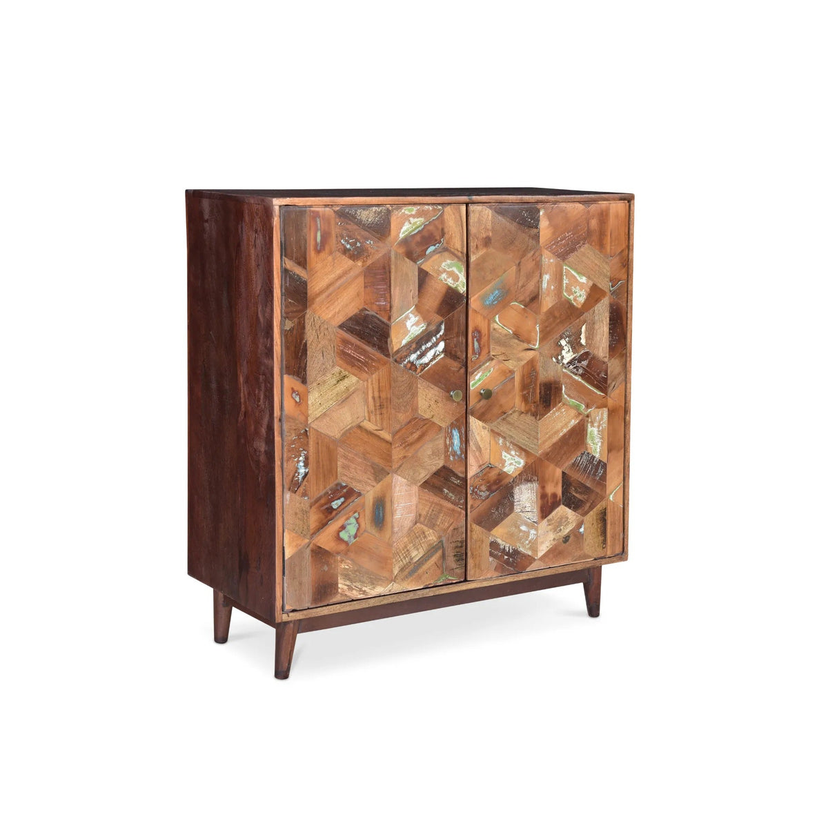 Wooden cabinet with geometric pattern on a white background