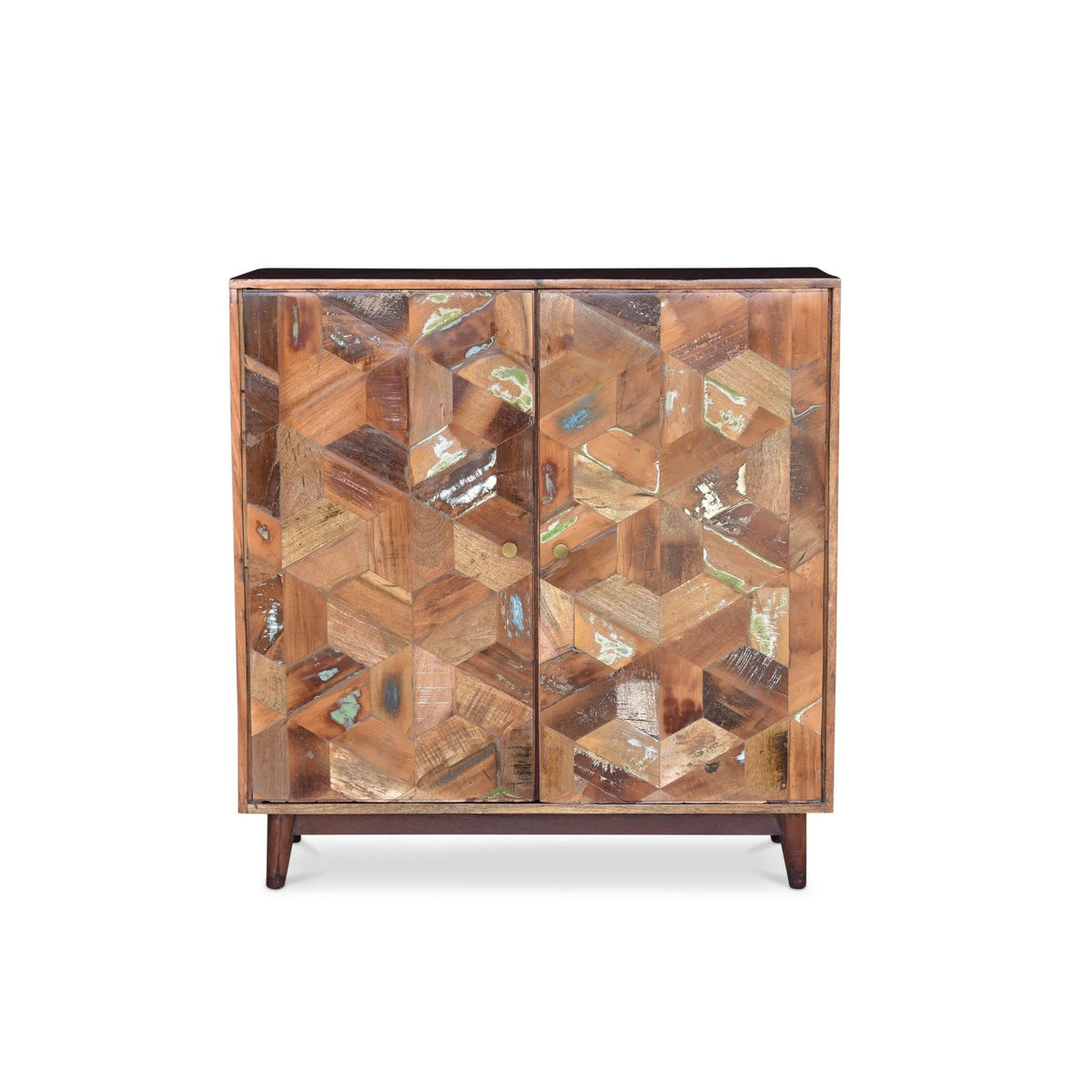 Wooden cabinet with geometric pattern on a white background, reclaimed wood. No assembly required. 