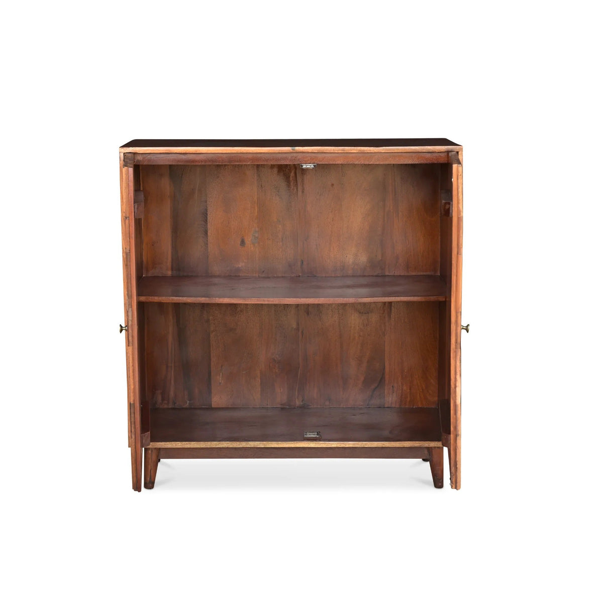 Wooden bookshelf with a black top on a white background