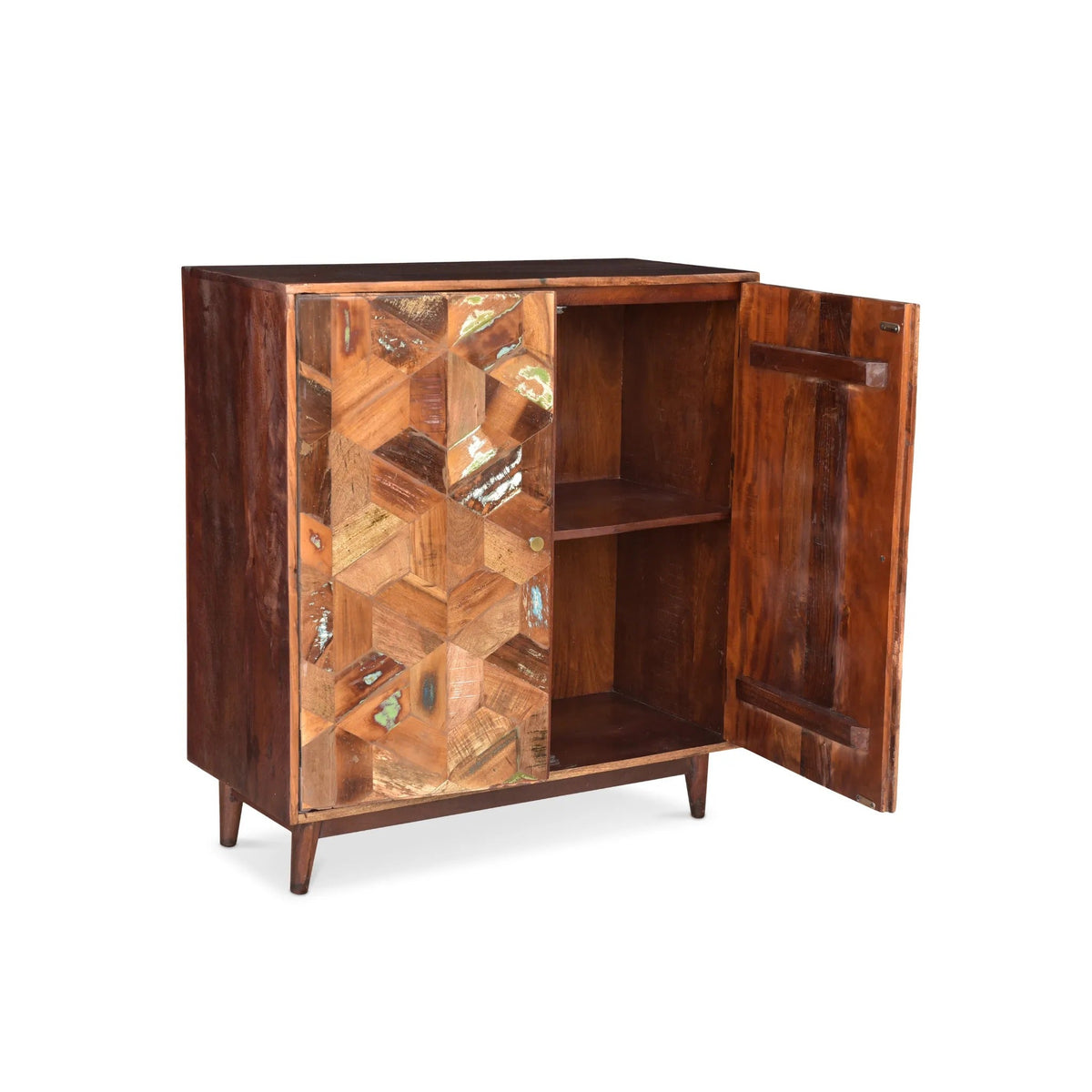 Wooden cabinet with geometric pattern on a white background