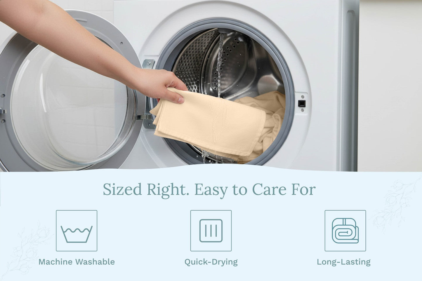 Person loading clothes into a washing machine with text about product features.