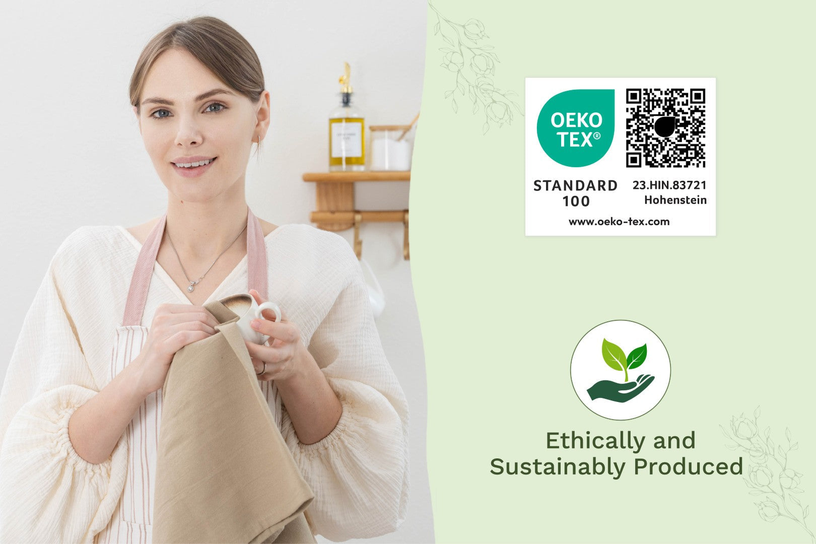 Woman holding a beige towel with Oeko-Tex certification on a light green background