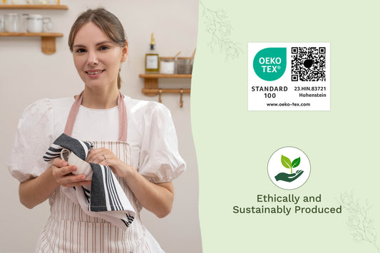 Woman holding a product with Oeko-Tex certification on a light green background