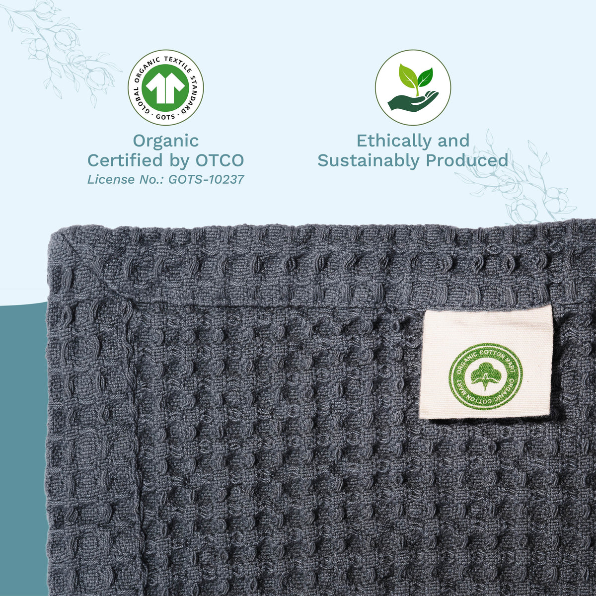 Textured fabric with a visible Organic Textiles Certification label on a light blue background